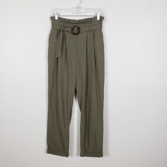 Linen Blend Cropped Paperbag Waist Olive Green Pants Sz M Goblincore Gremlincore - Picture 1 of 7